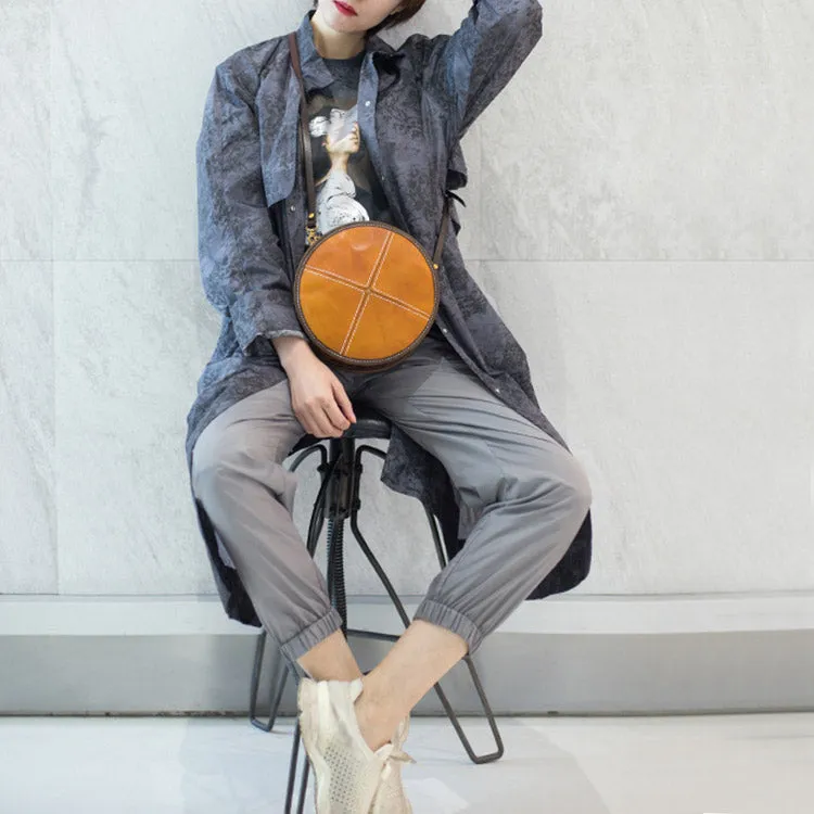 Womens Leather Circle Bag Round Purse Small Crossbody Purse for Women