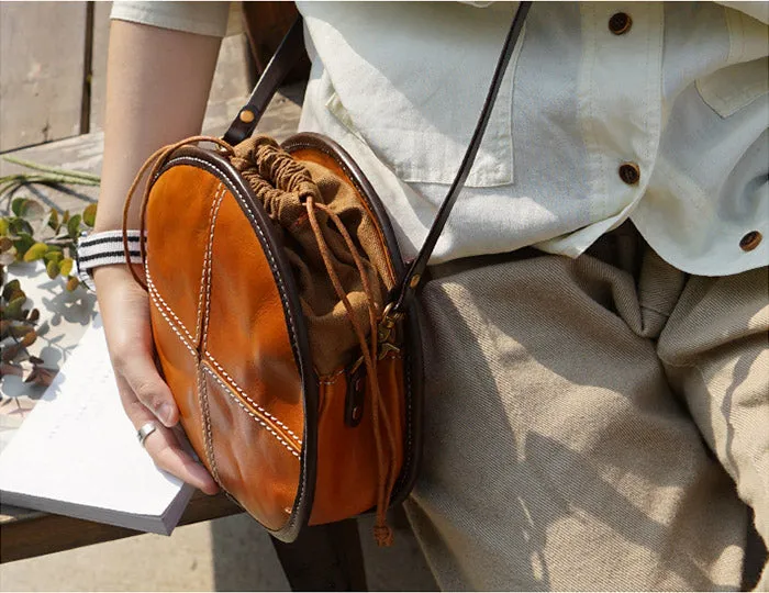 Womens Leather Circle Bag Round Purse Small Crossbody Purse for Women