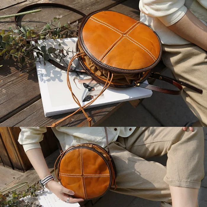 Womens Leather Circle Bag Round Purse Small Crossbody Purse for Women