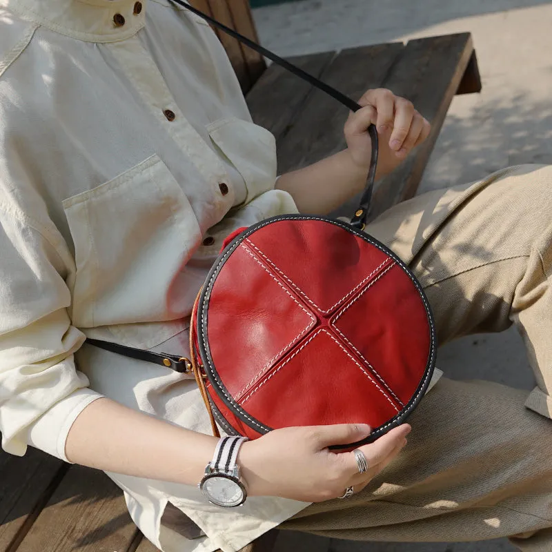 Womens Leather Circle Bag Round Purse Small Crossbody Purse for Women