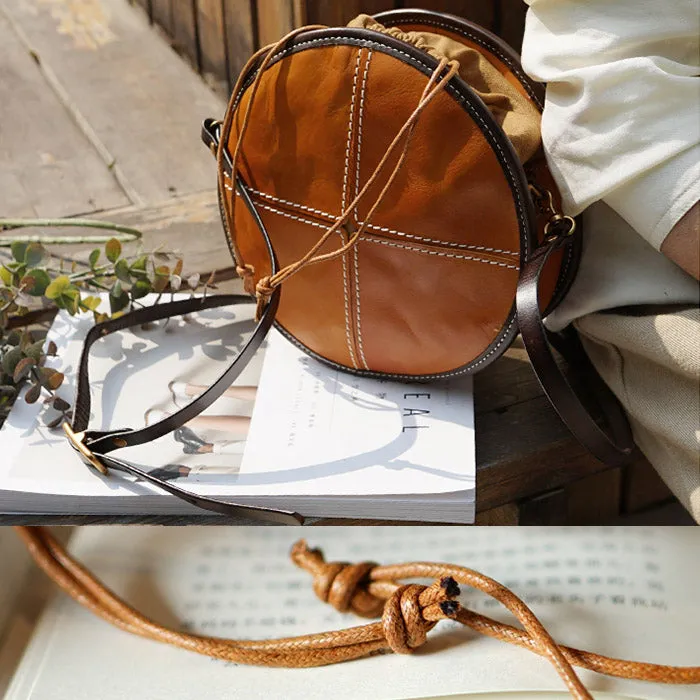 Womens Leather Circle Bag Round Purse Small Crossbody Purse for Women
