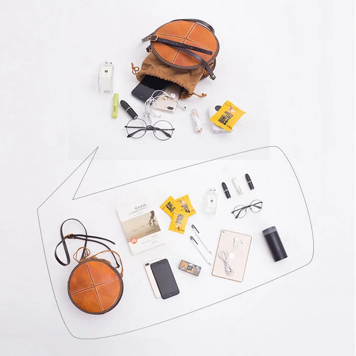 Womens Leather Circle Bag Round Purse Small Crossbody Purse for Women