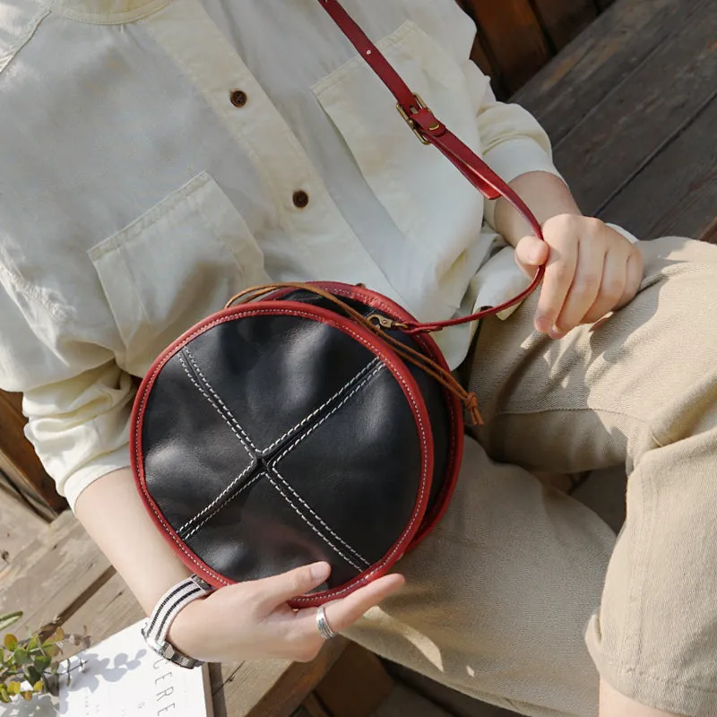 Womens Leather Circle Bag Round Purse Small Crossbody Purse for Women