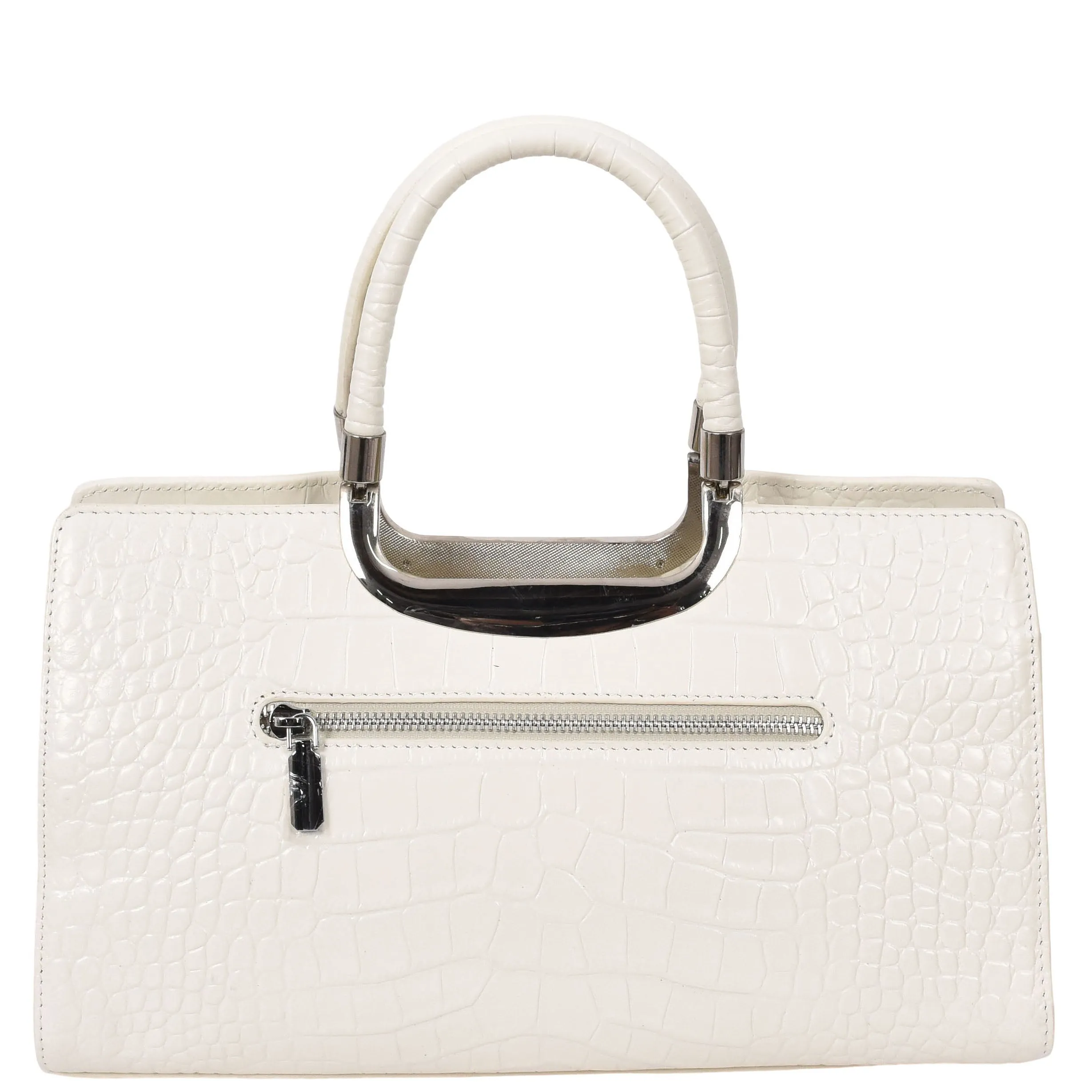 Womens Leather Handbag Croc-Print Casual Fashion Top Handle Tote Bag A880 Off White