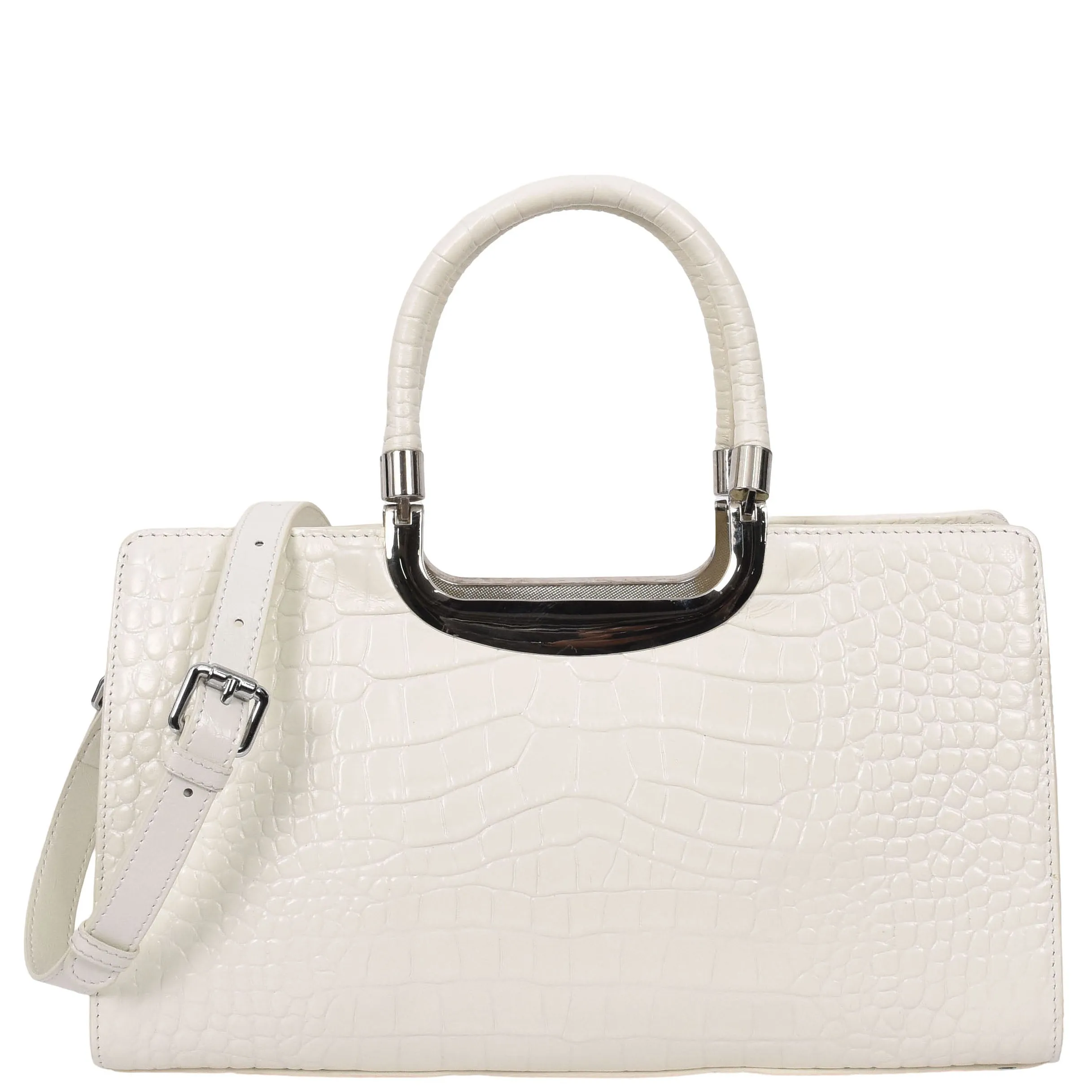 Womens Leather Handbag Croc-Print Casual Fashion Top Handle Tote Bag A880 Off White
